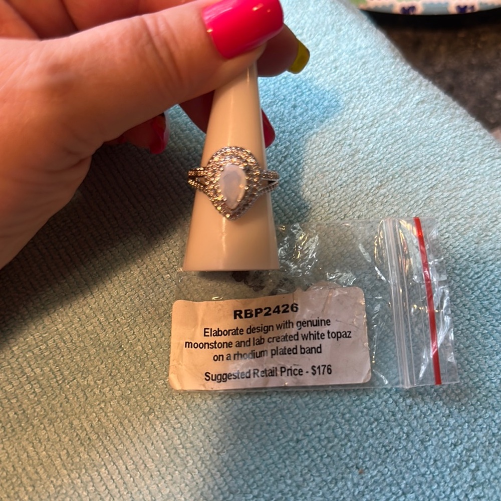 Moonstone and White Topaz Rhodium-Plated Ring